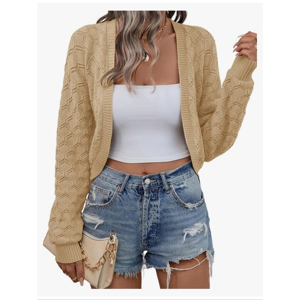 LOMON Womens Tan Honeycomb Pointelle Knit Cropped Cardigan Open Front Sz L NWT